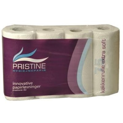 Pristine køkkenruller i en pakke med 4 stk., 2-lags, ekstra bløde og hvide med lilla og blå detaljer.