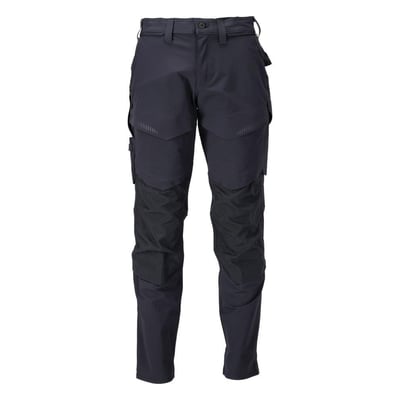 Frontbillede af Mascot arbejdsbukser i mørk marineblå, der viser Click Pocket System og CORDURA® forstærkede knæ.