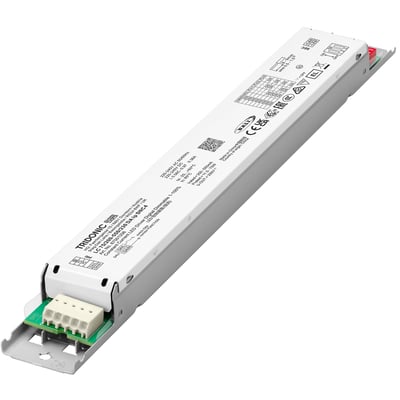 Tridonic LED driver DALI-2 LC 75/200-550/230 DA lp SNC4 med hvidt metalhus og mærkat med tekniske specifikationer.