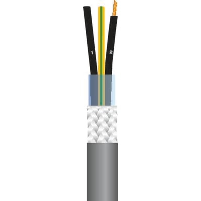 Illustration af 7G1,5 XCH-JZ styrekabel med 7 indre ledere, inklusive en grøn/gul leder, der viser dets konstruktion.