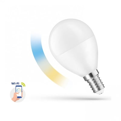 SpectrumLED smart LED-pære P45 med E14-fatning, hvid kuppel og Wi-Fi-symbol, der viser appstyring.