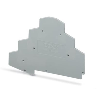 Bagside af Phoenix Contact Endeplade D-UT 2,5-3L, grå, med synlige skruehuller og Phoenix Contact logo, 90x2,2x69,8 mm.