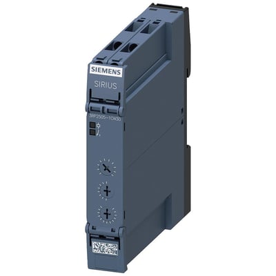 Siemens Sirius 3RP25 multifunktionelt tidsrelæ med 1NO kontakt, vist på hvid baggrund med fokus på skrueklemmer og justeringsknapper.