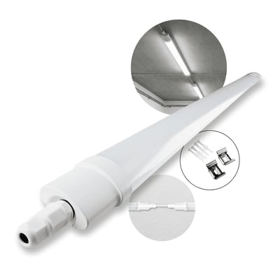 Hvidt Kobi LED-armatur på 120 cm med 36 W effekt, 4000 K lys og IP65-klassificering samt synlige monteringsbeslag.