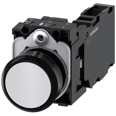 Siemens 22mm trykknap, rund, hvid, med 1NO1NC kontakt og skrueterminal, sat sammen med sort holder.