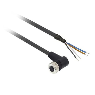 Telemecanique Sensors tilslutningskabel XZCP1241L5J med vinklet 4-polet M12-hunstik og 5 meters kabel, vist med frie ledningsender.