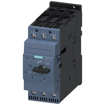 Siemens Sirius 3RV2 motorværn i størrelse S2 med 59A indstillingsområde og 3P poltal, vist med skrueterminaler på neutral baggrund.