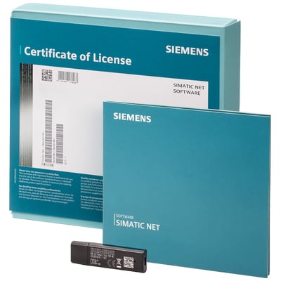 Siemens HARDNET-IE S7-REDCONNECT V18 Power Pack vist som licenspakke med certifikat, turkis softwareomslag og sort USB-flashdrev.