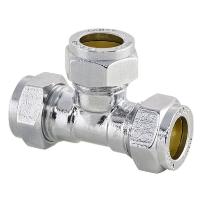 Forkromet Conex T-stykke i messing med 15mm kompressionstilslutninger, vist på en neutral hvid baggrund for installationsdetaljer.