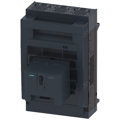 Siemens SENTRON 3NP1 sikringsafbryder, 3-polet NH1, 250 A. Fremviser en mørkegrå enhed med ventilationsgitre øverst og en betjeningsknap mærket 'ON', 'OFF' og 'Test'.