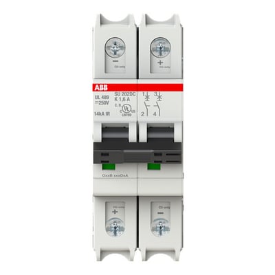 ABB 2-polet automatsikring til DC, 1,6 A med K-karakteristik, vist forfra med to separate poler.