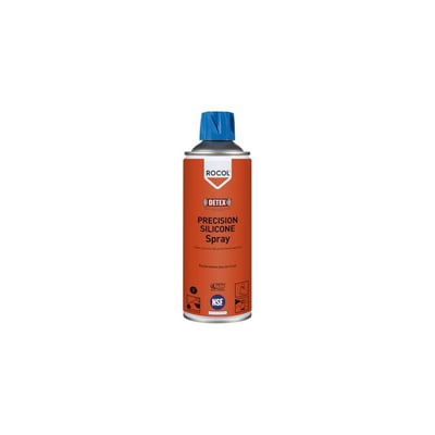Stående Rocol Precision Silicone Spray 400 ml dåse med orange baggrund og blå dyse på en hvid baggrund.