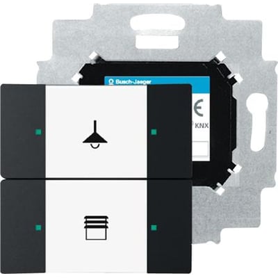 ABB KNX betjeningselement med 2 tryk i hvid og mat sort, vist med etiketter til lys og persienner og en grøn LED.