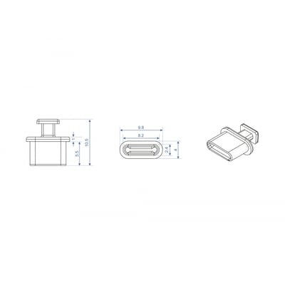 Teknisk tegning af Delock støvdæksel til USB Type-C hun-port med dimensioner og tre forskellige visninger.