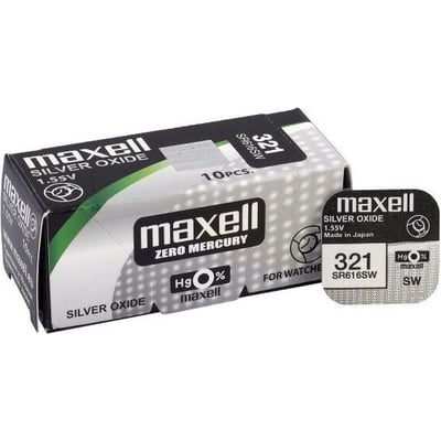 Maxell Silver-Oxide SR616SW (321) batterier, 10 stk. med 1,55V spænding, vist i original emballage med et enkelt batteri til højre.