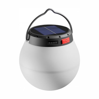 SpectrumLED Lumina Orb solcellelampe med rund, hvid skærm, sort top, solcellepanel og bærehåndtag.