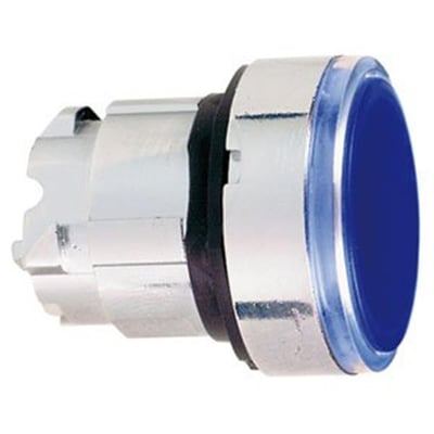 Detaljeret billede af Schneider Electric lampetrykshoved, der viser den blå trykknap og kromkant.