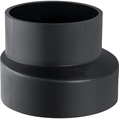 Geberit 110 x 50 mm reduktion i sort PEH, viser mærket og produktinformation tydeligt på en neutral baggrund.