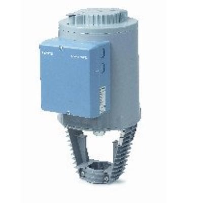 Siemens SKC82.60 elektrohydraulisk ventil aktuator i grå og lyseblå, 24V, 3P, 2800 N og 40 mm vandring.