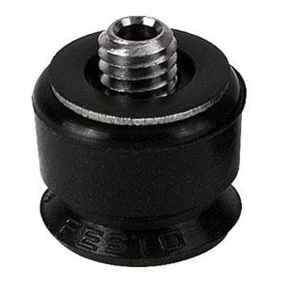 Festo vakuumsuger ESS-10-SN med 10mm sugekopdiameter og gevindtilslutning i sort gummi på hvid baggrund.