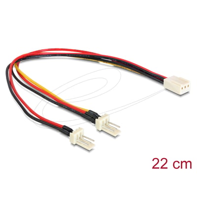 DeLock internt computerstrømkabel på 22 cm med ét 3-pin Molex-hunstik og to 3-pin Molex-hanstik til blæsere.