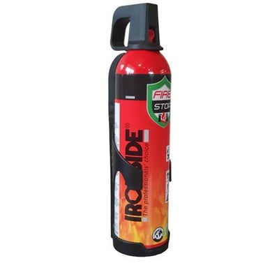Ironside slukkespray på 750 ml til brandklasse 5A og 5F, med rød beholder og sort håndtag.