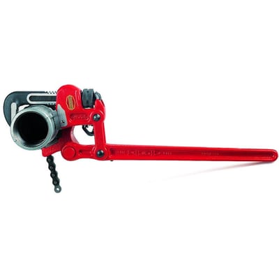 Ridgid S-2 dobbeltvirkende rørtang i rød støbejern med 2" kapacitet og kæde til fastgørelse.