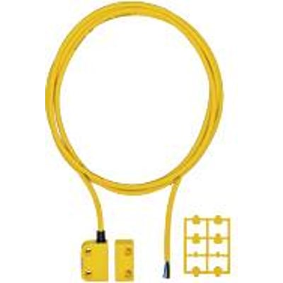 Pilz PSEN MA1.4A-50 magnetisk sikkerhedsafbryder med 5 meter gult kabel og monteringsdel, hvid baggrund.