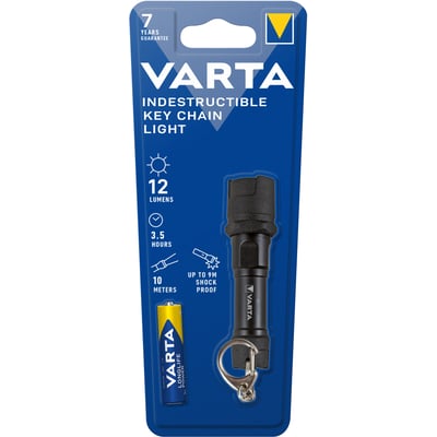 Varta Indestructible Key Chain Light sort, vist i blisterpakke med batteri og produktinformation.