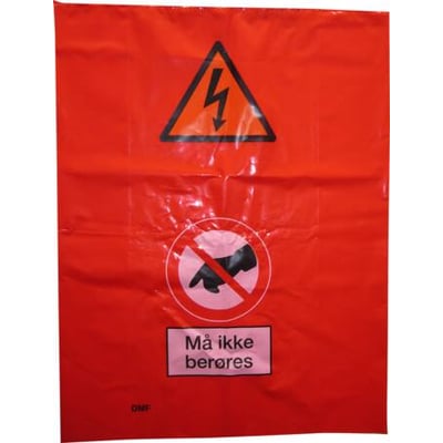 Dansk Metalvare Fabrik lille advarselspose til kabelskab, rød med symboler for fare og "må ikke berøres".