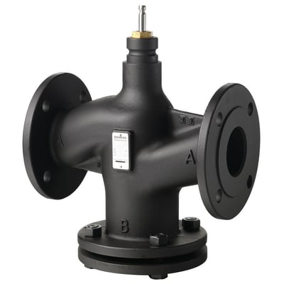 Siemens VVF53.65-63 2-vejs ventil med PN25 flange i sort metal, med tydelige mærker som 'A' og 'B'.