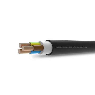 Fleksibelt sort kabel med tre indre ledere: grøn/gul, blå og brun, med hvid isolering og sort yderkappe.