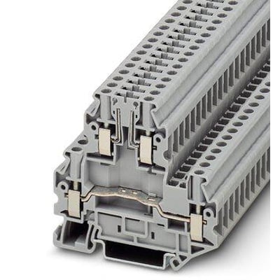 Phoenix Contact UTTB 4-TG P/P skilleklemme i grå plast med tydelige monteringsdetaljer og metalkontakter på hvid baggrund.