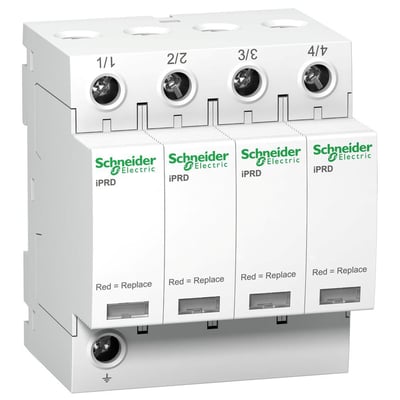 Schneider Electric iPRD65r 4P 340V overspændingsafleder med fire moduler, hver mærket med numre og Schneider Electric logo.
