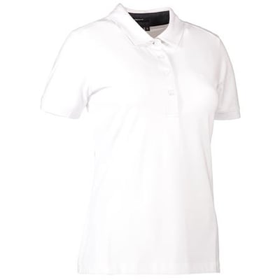 ID Identity hvid stretch polo til damer i størrelse XL med kort ærme, skjortekrave og to matchende knapper.