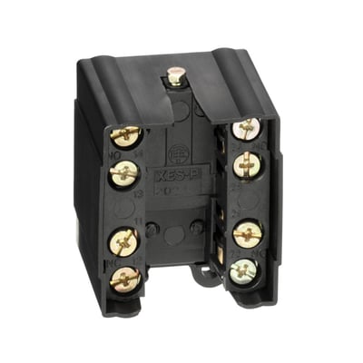 Schneider Electric kontaktelement XESP2021 med 2 poler og skrueterminaler, fremstillet af sort plast.
