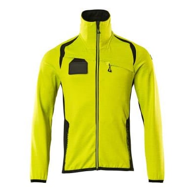 Mascot fleecetrøje i hi-vis gul og sort, 2XL, med høj krave, lynlås og brystlomme med lynlås. Professionelt arbejdstøj.