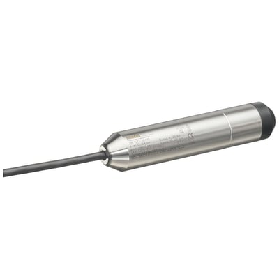 Siemens SITRANS LH100 niveautransmitter i rustfrit stål med 10 meter kabel, viser produktets mærkat med specifikationer.