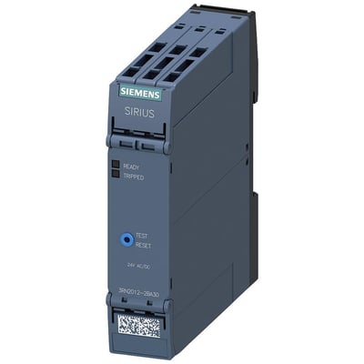 Siemens Sirius 3RN2 termistorrelæ med 2 CO kontakter, 24V AC/DC og fjederklemmer, vist på hvid baggrund.