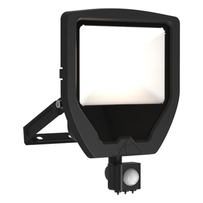 Ansell Lighting Calinor Evo LED projektør, sort, med tændt lys og synlig PIR-sensor monteret.