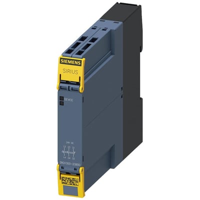 Siemens SIRIUS 3RQ1 koblingsrelæ med 2 NO- og 1 NC-kontakt, gråt hus og gule detaljer.