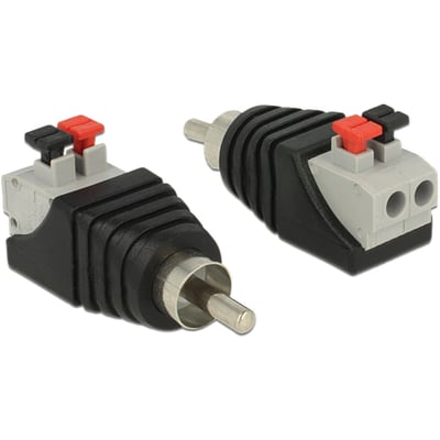 DeLock-adapter med RCA-hanstik og 2-polet terminalblok, vist fra to vinkler med røde og sorte trykknapper.