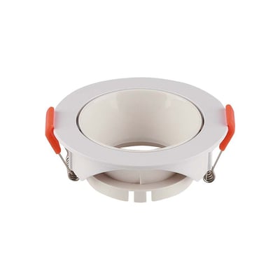 V-TAC GU10 LED spotlampe med hvid ramme og hvid reflektor, vist med orange klemmer på en hvid baggrund.