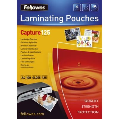 Fellowes lamineringslommer Capture 125, A4 format, 125 mikron tykkelse, 100 stk. pr. æske, med tekst på flere sprog og billeder af laminerede dokumenter.