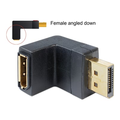 Sort DeLock DisplayPort-adapter med hanstik og hunport i 90° vinkel, vist fra siden med stikenderne tydeligt synlige.