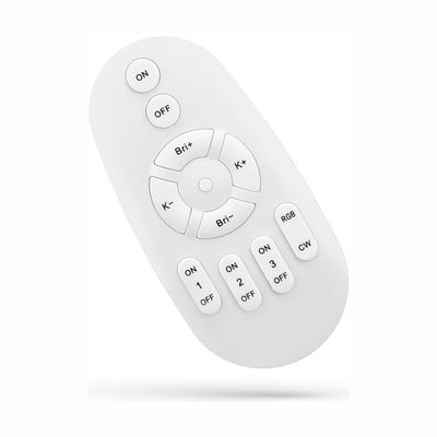 Hvid SpectrumLED Bluetooth-fjernbetjening til RGB+CCT-lys med knapper til tænd/sluk, farve, lysstyrke og farvetemperatur.