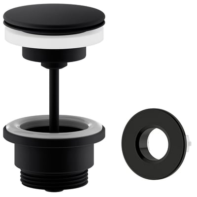 Damixa push-up bundventil i mat sort messing med Ø63mm diameter og synligt overløb, vist som dele.