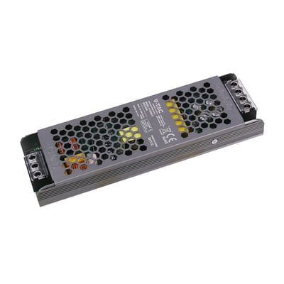 V-TAC 200 W slim strømforsyning til LED-strips med perforeret metalhus og synlige tilslutninger.