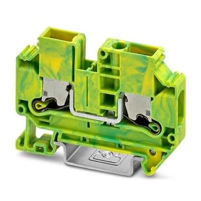 Phoenix Contact XTV 6-PE terminal block i grøn og gul farve med metalkontakter og en skinnemontering i metal.