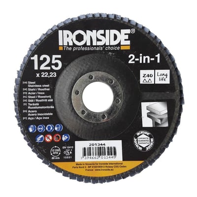Ironside konisk 2-i-1 lamelrondel, 125 mm, K40, set forfra med sort mærkat og synlige slibelameller.